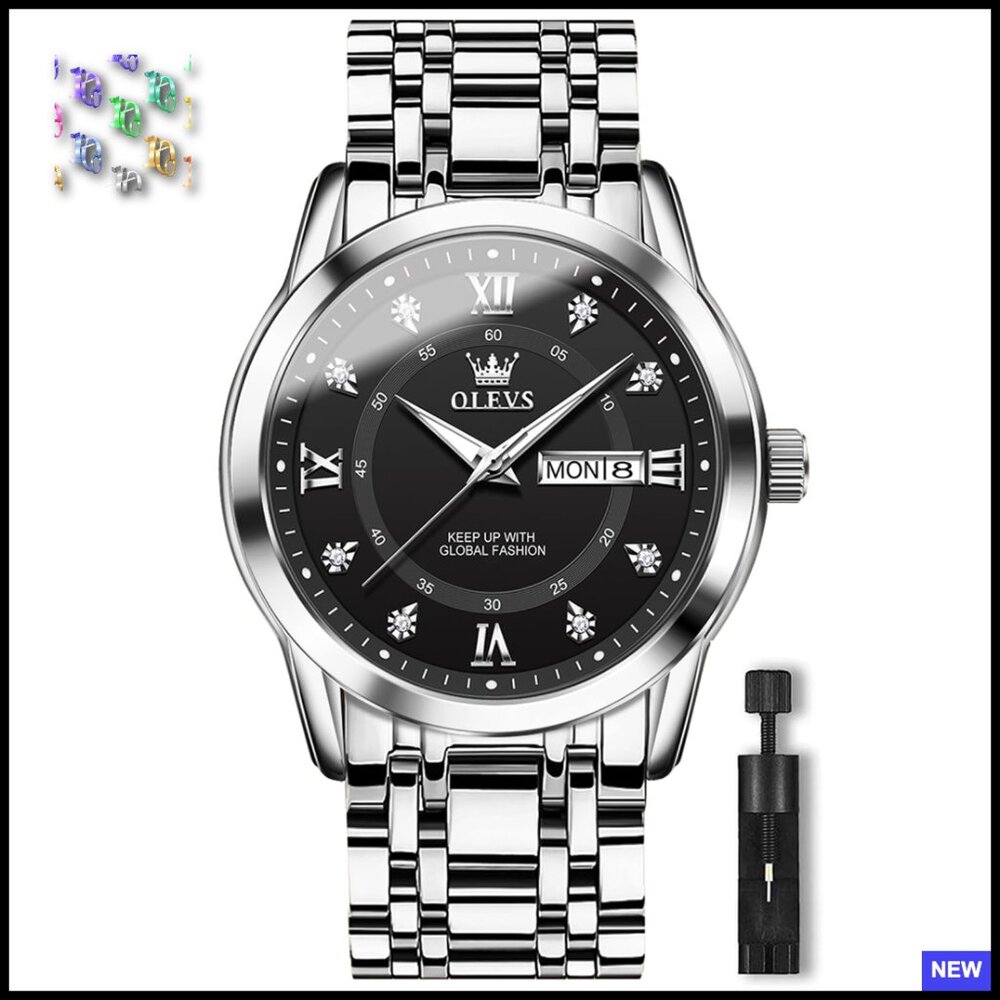 Stainless Steel Quartz Dress Watch Large Face Day Date Waterproof Classic